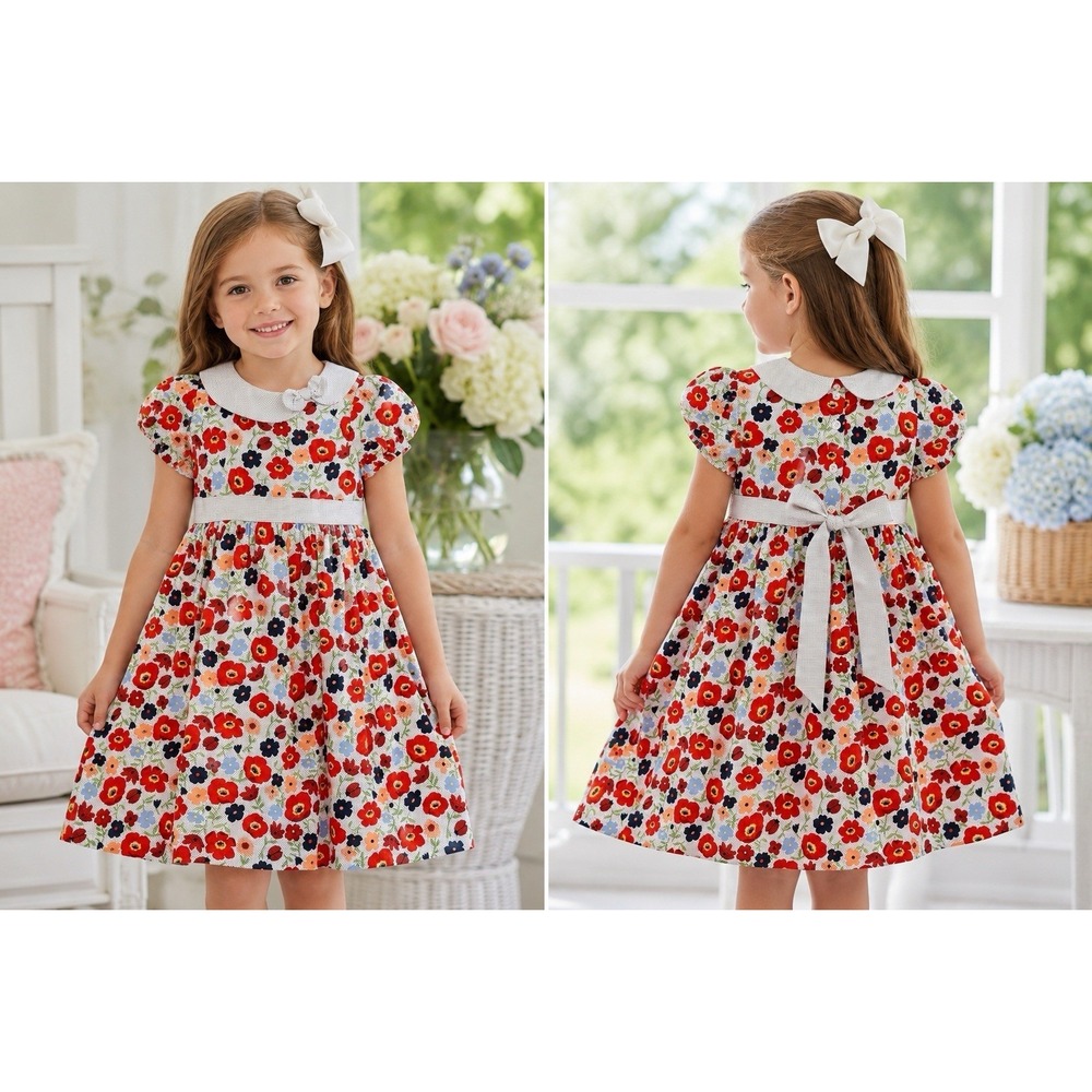 Janie and Jack Floral Dress 5T Peter Pan Collar Tie Back Cotton Lined Summer